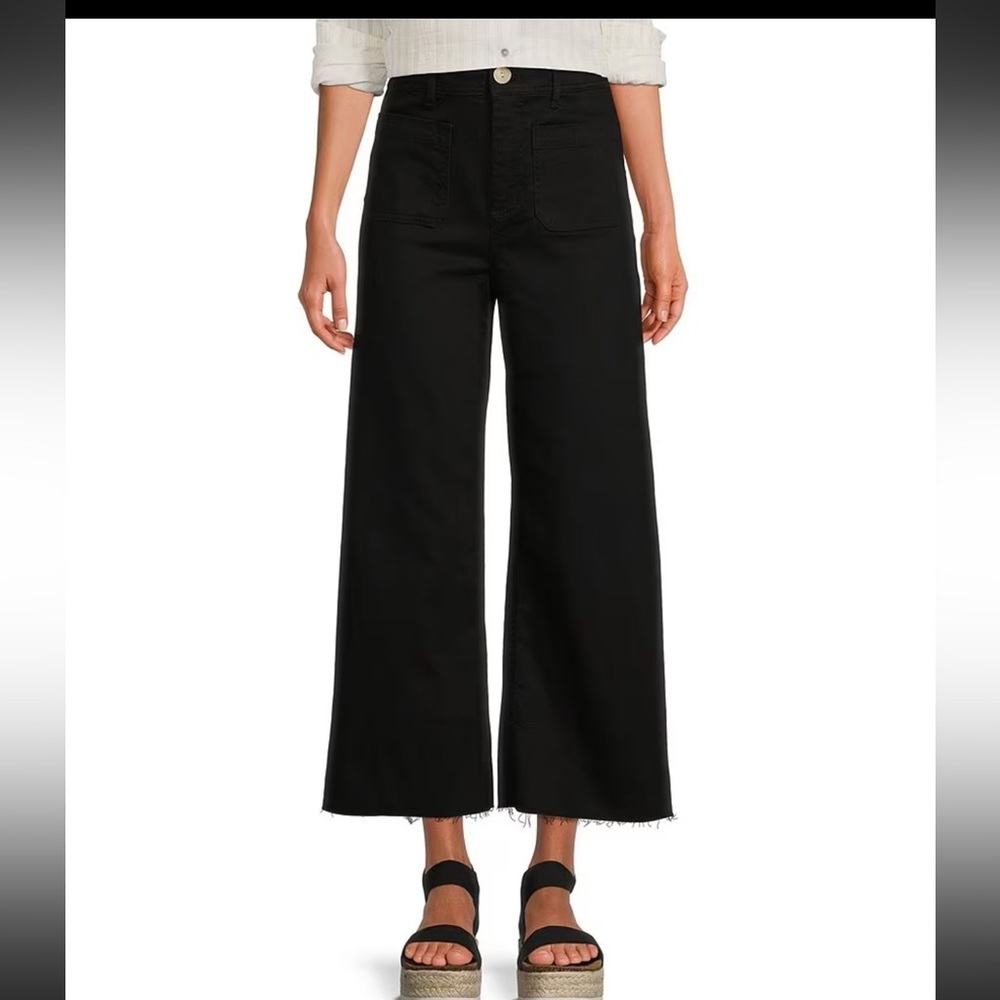 Every Patch Pocket High Rise Frayed Hem Wide Leg Jeans in Black Sz 10